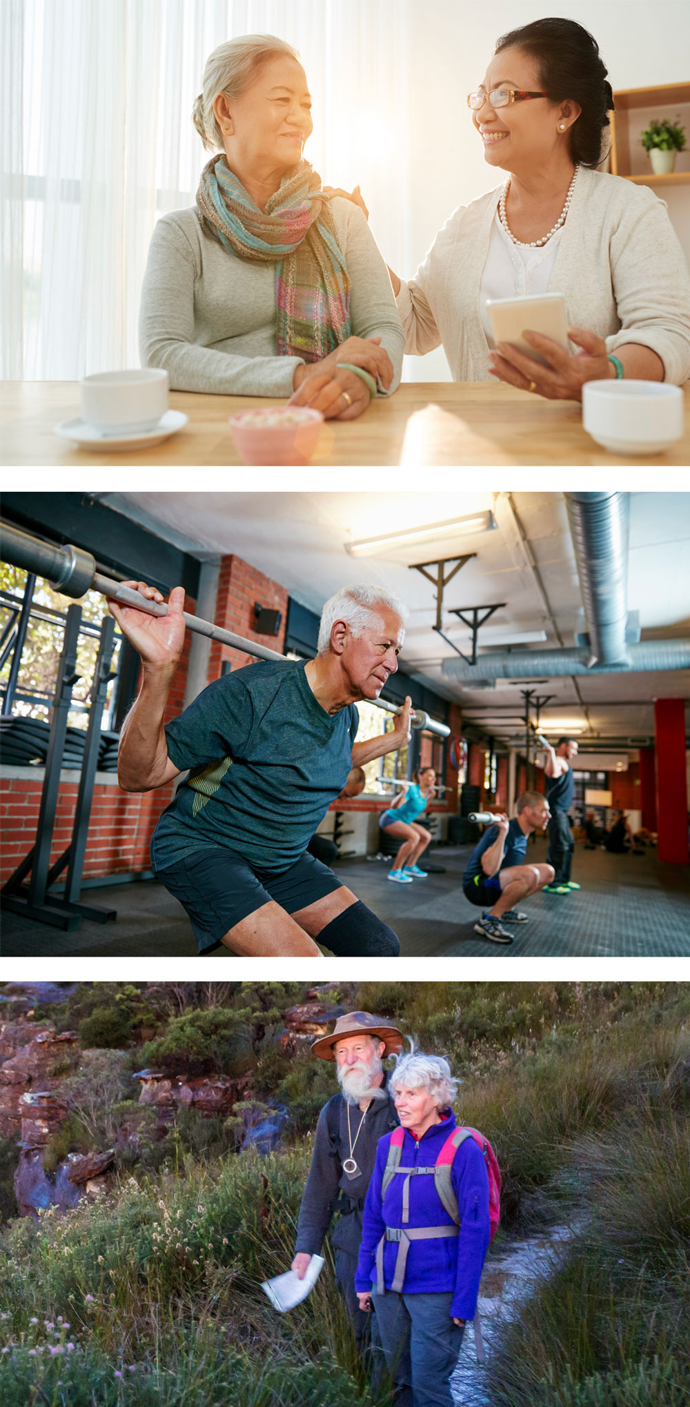 Three photo combo: 1. Two women chatting, 2. Senior man lifting weights, 3. Senior couple hiking